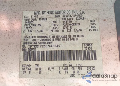 2003 Ford F-150 Xl/Xlt from USA, damaged, VIN 1FTRX17263NA85451